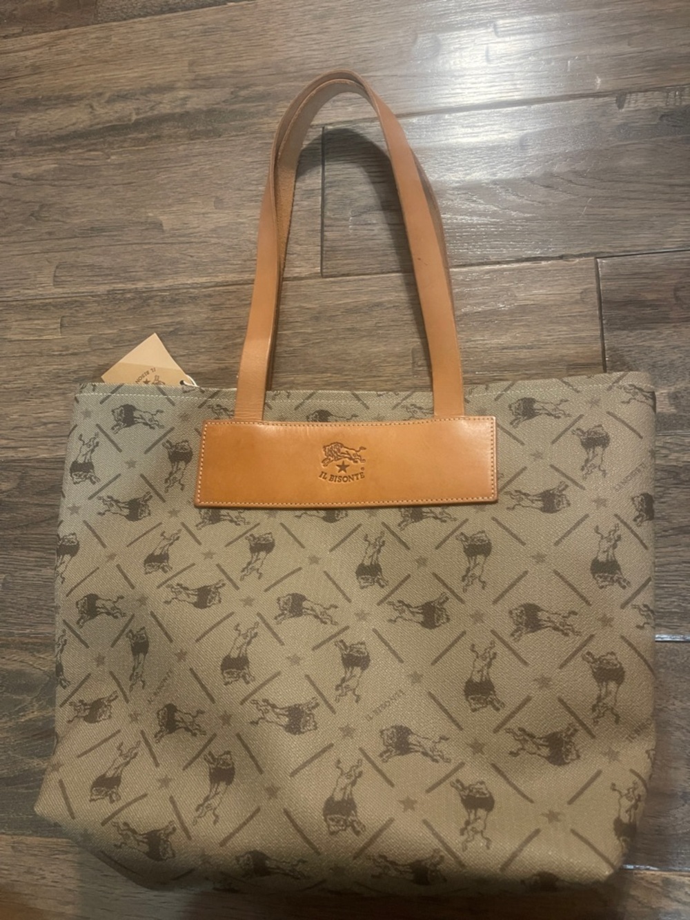 Il Bisonte Logo Canvas Tote with Tan Leather Handles